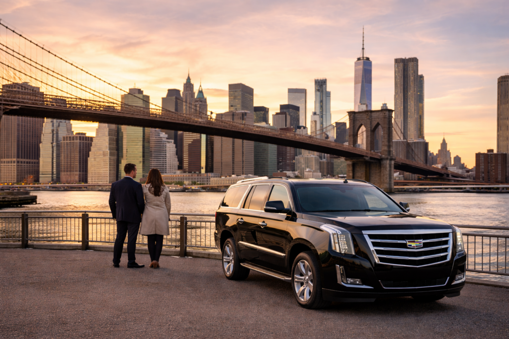 Private luxury SUV parked along the Brooklyn Bridge waterfront at sunset with the Manhattan skyline in the background.